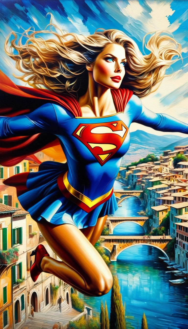a beautiful supergirl flying over a picturesque italian city, oil painting, high detailed face, long wavy hair, dynamic pose, blue sky, cityscape with colorful buildings, vintage style, rich colors, dramatic lighting, impressionistic brushstrokes, masterpiece, ultra-detailed, 8k, hyperrealistic