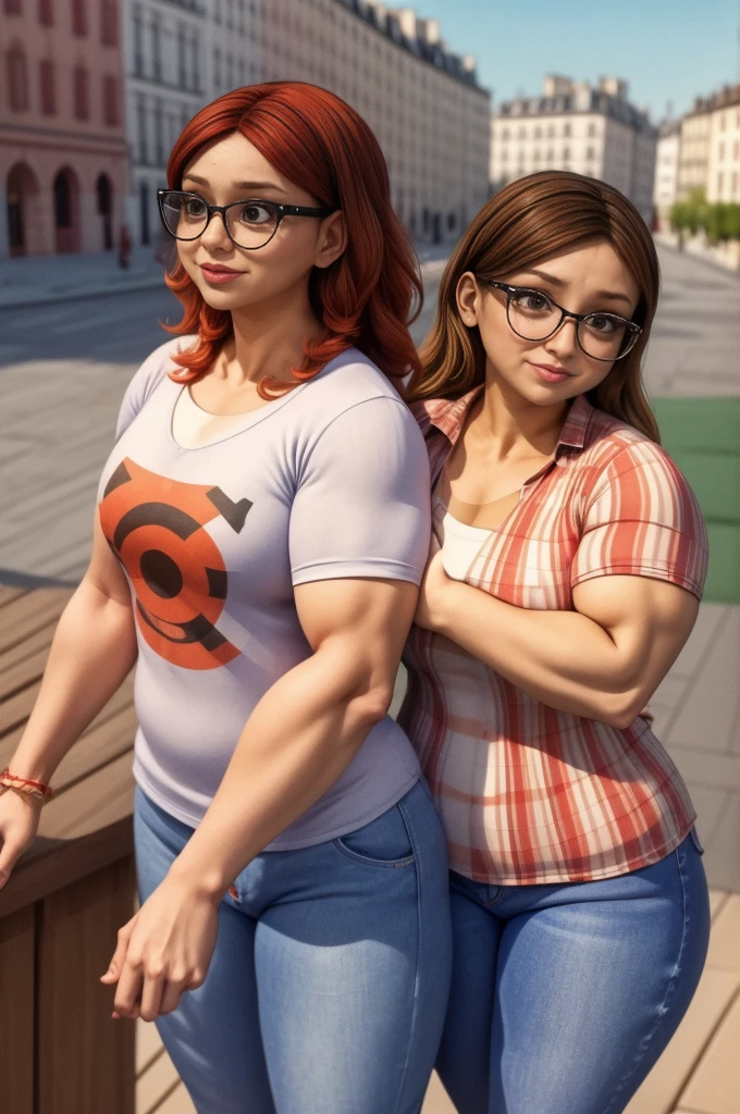 (masterpiece, best quality:1.2), A couple , boy Nino Lahiffe: Brown skin, dark hair, usually seen wearing a red cap, glasses, and casual clothing like a T-shirt and jeans, and a girl Alya Césaire: Brown skin, curly dark brown hair, often wears glasses, and typically seen in stylish, casual outfits. A casual day out with both characters in their everyday attire,Sharing a tender moment, like sitting on a rooftop overlooking Paris..(girl and boy:1), smiling, ((high resolution illustration)), ((extremely detailed)), (couple), Alya, Nino, Nino X Alya, (best quality,4k,8k,highres,masterpiece:1.2), ultra-detailed, realistic:1.37, HDR, studio lighting, extreme detail description, nino wearing a red cap, professional, vibrant colors, bokeh, ((muscular female bodybuilder)), detailed lips, strong embrace, romantic scene, intimate moment, intense passion, athletic bodies, fitness couple, gy