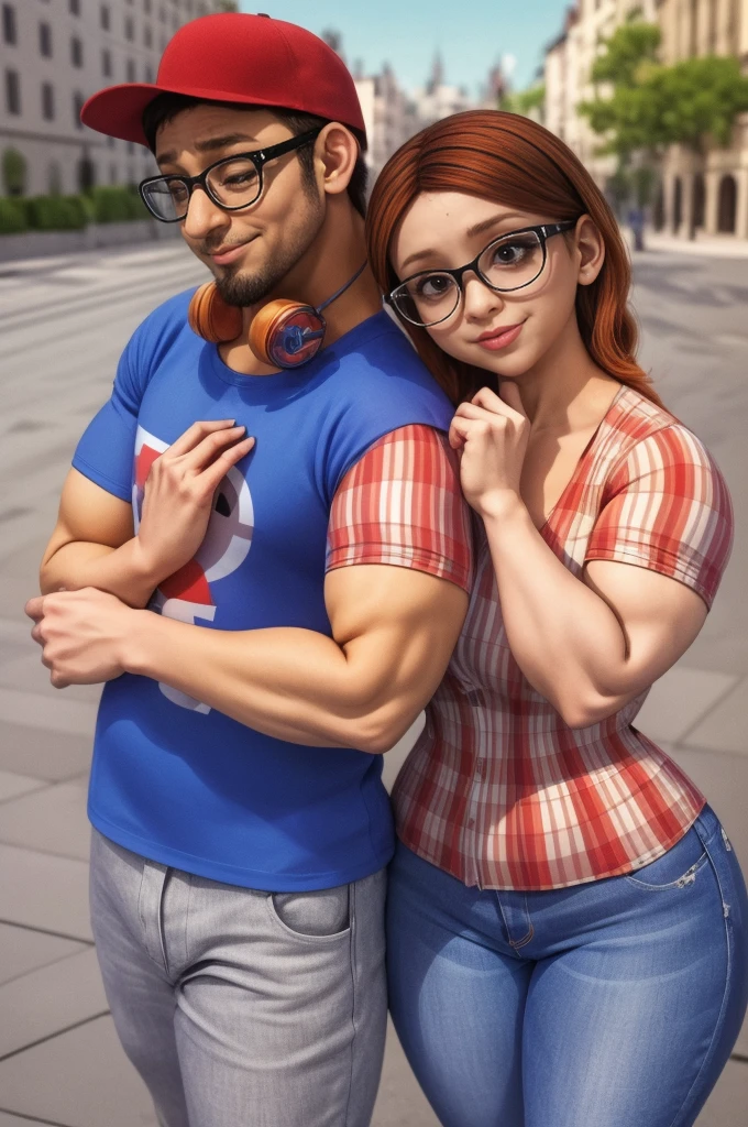 (masterpiece, best quality:1.2), A couple , boy Nino Lahiffe: Brown skin, dark hair, usually seen wearing a red cap, glasses, and casual clothing like a T-shirt and jeans, and a girl Alya Césaire: Brown skin, curly dark brown hair, often wears glasses, and typically seen in stylish, casual outfits. A casual day out with both characters in their everyday attire,Sharing a tender moment, like sitting on a rooftop overlooking Paris..(girl and boy:1), smiling, ((high resolution illustration)), ((extremely detailed)), (couple), Alya, Nino, Nino X Alya, (best quality,4k,8k,highres,masterpiece:1.2), ultra-detailed, realistic:1.37, HDR, studio lighting, extreme detail description, nino wearing a red cap, professional, vibrant colors, bokeh, ((muscular female bodybuilder)), detailed lips, strong embrace, romantic scene, intimate moment, intense passion, athletic bodies, fitness couple, gy