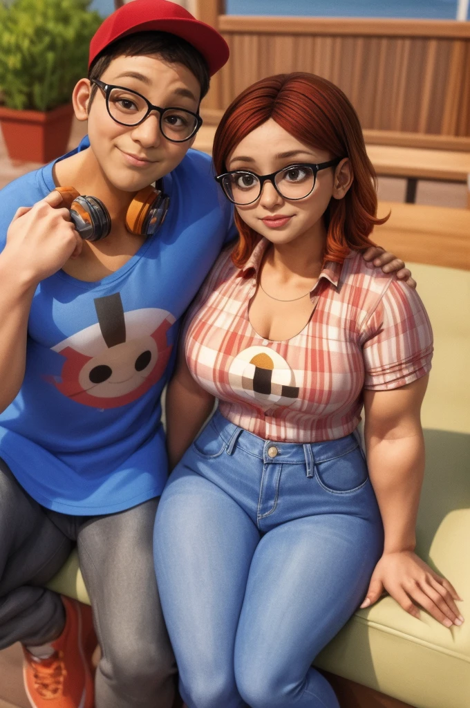 (masterpiece, best quality:1.2), A couple , boy Nino Lahiffe: Brown skin, dark hair, usually seen wearing a red cap, glasses, and casual clothing like a T-shirt and jeans, and a girl Alya Césaire: Brown skin, curly dark brown hair, often wears glasses, and typically seen in stylish, casual outfits. A casual day out with both characters in their everyday attire,Sharing a tender moment, like sitting on a rooftop overlooking Paris..(girl and boy:1), smiling, ((high resolution illustration)), ((extremely detailed)), (couple), Alya, Nino, Nino X Alya, (best quality,4k,8k,highres,masterpiece:1.2), ultra-detailed, realistic:1.37, HDR, studio lighting, extreme detail description, nino wearing a red cap, professional, vibrant colors, bokeh, ((muscular female bodybuilder)), detailed lips, strong embrace, romantic scene, intimate moment, intense passion, athletic bodies, fitness couple, gy