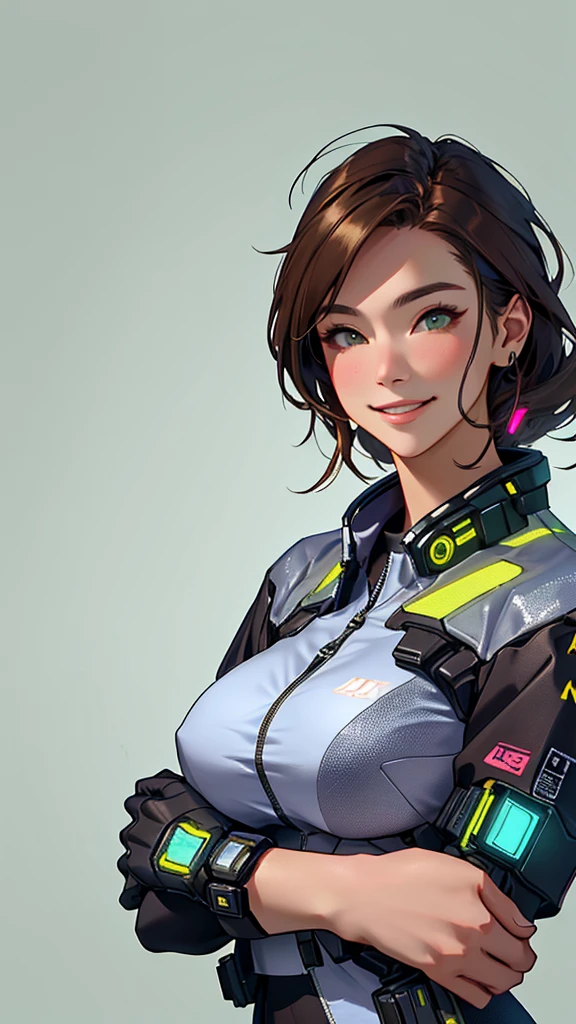 Brown Hair、（Huge breasts）、entrepreneur、Highest quality,masterpiece,original,Plain background,View Audience,1人のwoman,(alone:1.5),woman,woman、Wearing a cyberpunk costume, Fill up this vibrant and colorful scene.smile、It expresses strength and underlying joy...。 This digital illustration is rendered in high resolution..., Artstationではアニメジャンルのmasterpieceとして話題になっている