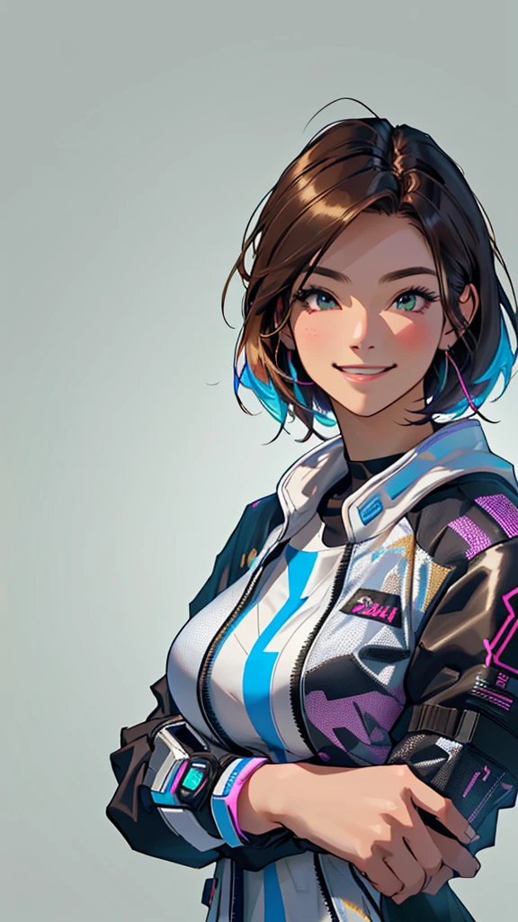 Brown Hair、(Huge breasts)、entrepreneur、Highest quality,masterpiece,original,Plain background,View Audience,1人のwoman,(alone:1.5),woman,woman、Wearing a cyberpunk costume, Fill up this vibrant and colorful scene.smile、It expresses strength and underlying joy...。 This digital illustration is rendered in high resolution..., Artstationではアニメジャンルのmasterpieceとして話題になっている