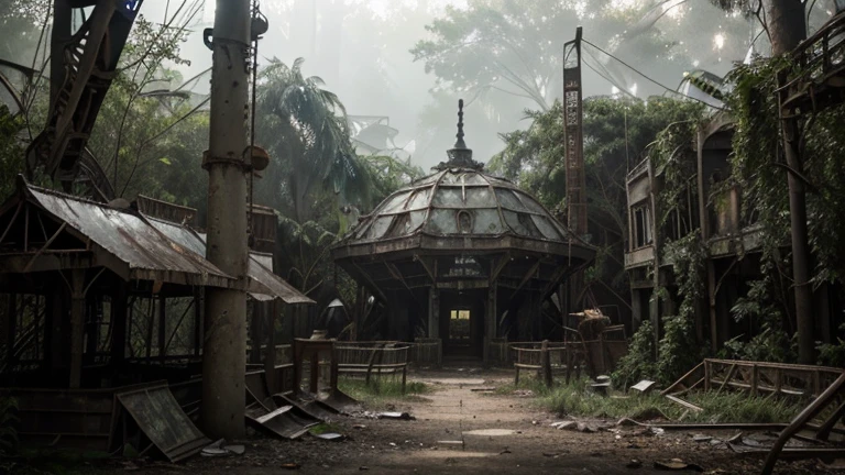Deserted amusement park overrun by nature, post-apocalyptic ambiance, ultra realistic, photorealistic, highly detailed, cinematic lighting, muted colors, atmospheric background, decaying rides and attractions, detailed overgrowth of vegetation, realistic textures, dramatic shadows, lifelike expressions, empty walkways, rusted roller coasters, broken ferris wheel, remnants of old signs, volumetric light effects through overcast skies, dynamic composition, eerie yet serene scene, intricate plant details, immersive environment, nuanced lighting, weathered and abandoned elements, high resolution, focus on overgrown amusement park details, scattered debris, wildlife reclaiming the space, makeshift shelters, contrast between nature and decay