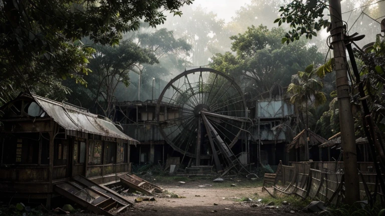 Deserted amusement park overrun by nature, post-apocalyptic ambiance, ultra realistic, photorealistic, highly detailed, cinematic lighting, muted colors, atmospheric background, decaying rides and attractions, detailed overgrowth of vegetation, realistic textures, dramatic shadows, lifelike expressions, empty walkways, rusted roller coasters, broken ferris wheel, remnants of old signs, volumetric light effects through overcast skies, dynamic composition, eerie yet serene scene, intricate plant details, immersive environment, nuanced lighting, weathered and abandoned elements, high resolution, focus on overgrown amusement park details, scattered debris, wildlife reclaiming the space, makeshift shelters, contrast between nature and decay