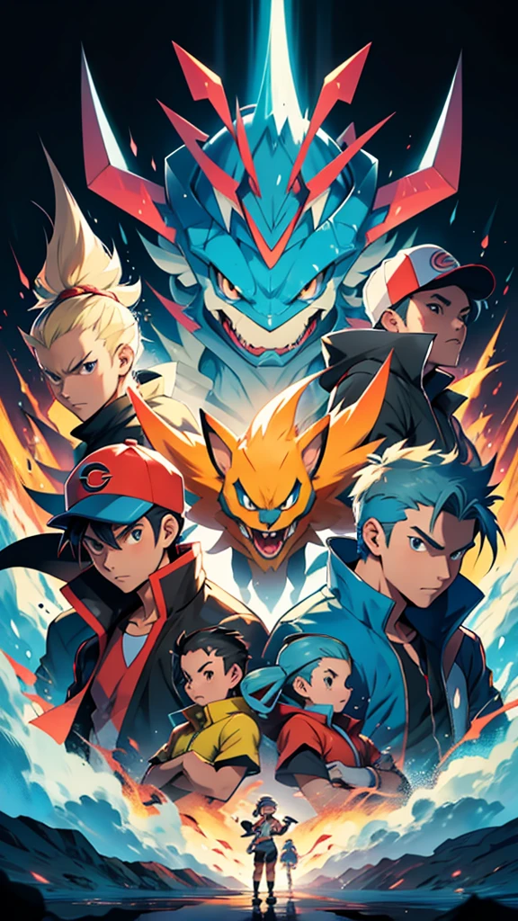 a group of pokemon characters standing in front of a dark background with the words pokemon, pokemon art style, illustration pokemon, pokemon anime style, pokemon style, ken sugimori art, for pokemon red and blue, promotional art, anime epic artwork, style of pokemon, anime picture, pokemon trainer, pokemon, epic video game art, epic artwork, trending anime artwork, 2 d digital video game art, Ken Sugimori, by Ken Sugimori, video game fanart, pokémon