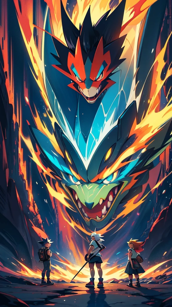 a group of pokemon characters standing in front of a dark background with the words pokemon, pokemon art style, illustration pokemon, pokemon anime style, pokemon style, ken sugimori art, for pokemon red and blue, promotional art, anime epic artwork, style of pokemon, anime picture, pokemon trainer, pokemon, epic video game art, epic artwork, trending anime artwork, 2 d digital video game art, Ken Sugimori, by Ken Sugimori, video game fanart, pokémon