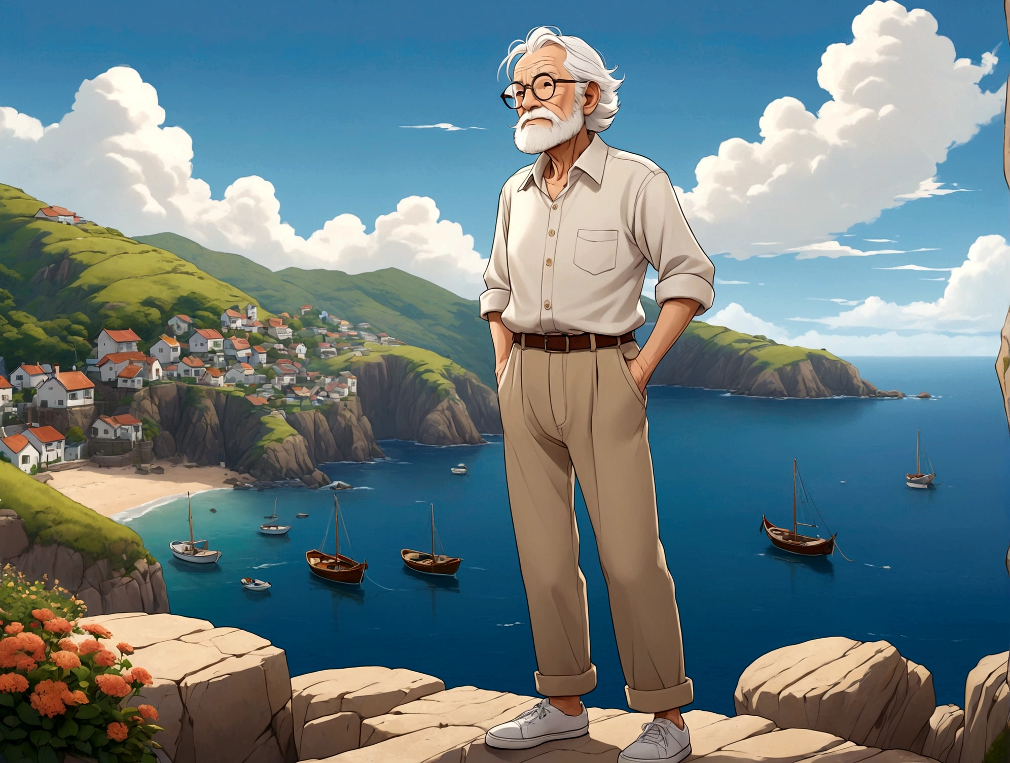 Create a high-quality anime-style image featuring an elderly man standing on a rocky cliff by the sea. The man has white hair, a beard, and is wearing round glasses. He is dressed in a white shirt, beige pants rolled up at the ankles, and white sneakers. His posture is relaxed, with his hands in his pockets, gazing thoughtfully into the distance.

The background consists of a clear blue sky filled with fluffy, white clouds. Below the cliff, there is a calm sea with boats and a small coastal village nestled at the foot of green, mountainous terrain. The scene captures a peaceful, reflective moment, with vibrant colors and detailed shading to emphasize the tranquil and contemplative atmosphere.