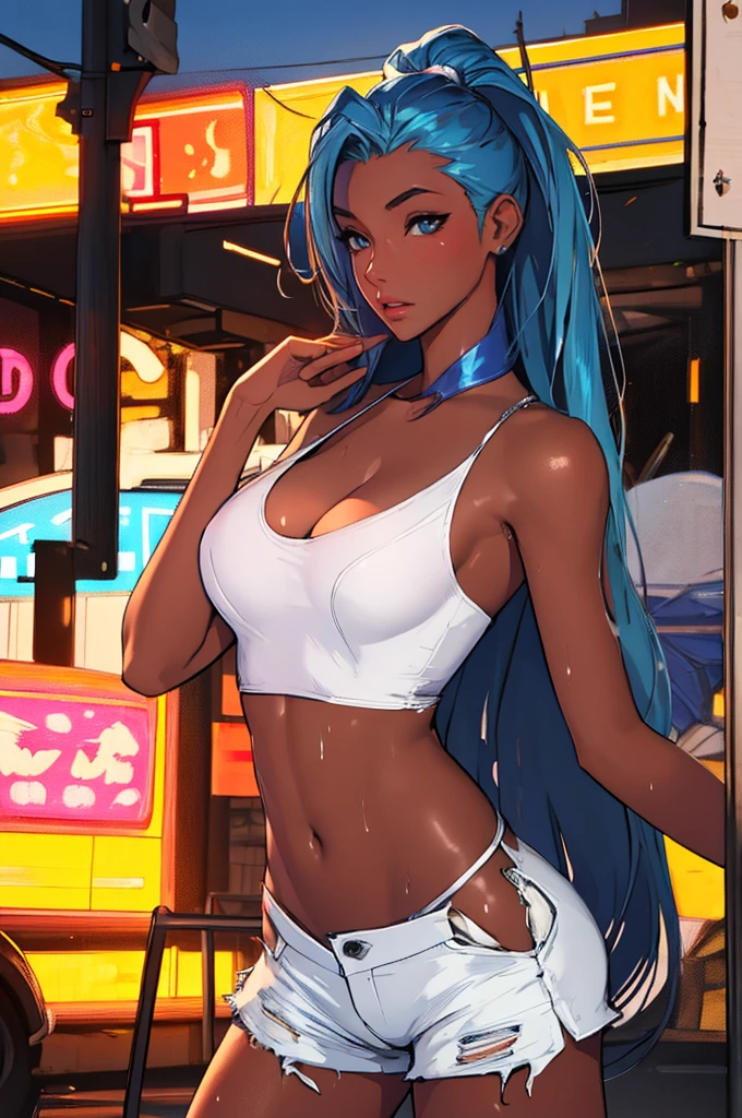 a very beautiful woman, photorealistic, ultra-realistic,3D, artstation, cgsociety, 8k, award-winning photography of a beautiful woman standing in front of a strip club, (multi-color hair:1.2), cheekbones, detailed face, Dark skin tone, African,  curvy, (no clothing on:1.5), double eyelid, (Gigantic breast:1.5)