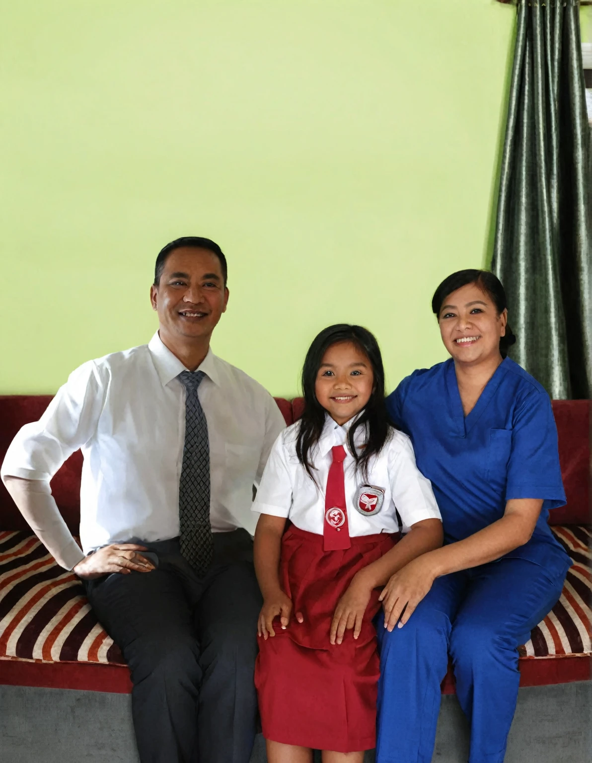 there are two people sitting on a couch with a nurse standing behind them, wearing , wearing a , an indonesian family portrait, family photo, full protrait, family, student, wearing headmistress uniform, family portrait, portrait picture, full body photograph, academy headmaster, very clear picture, happy family, hr, portrait n - 9, full device