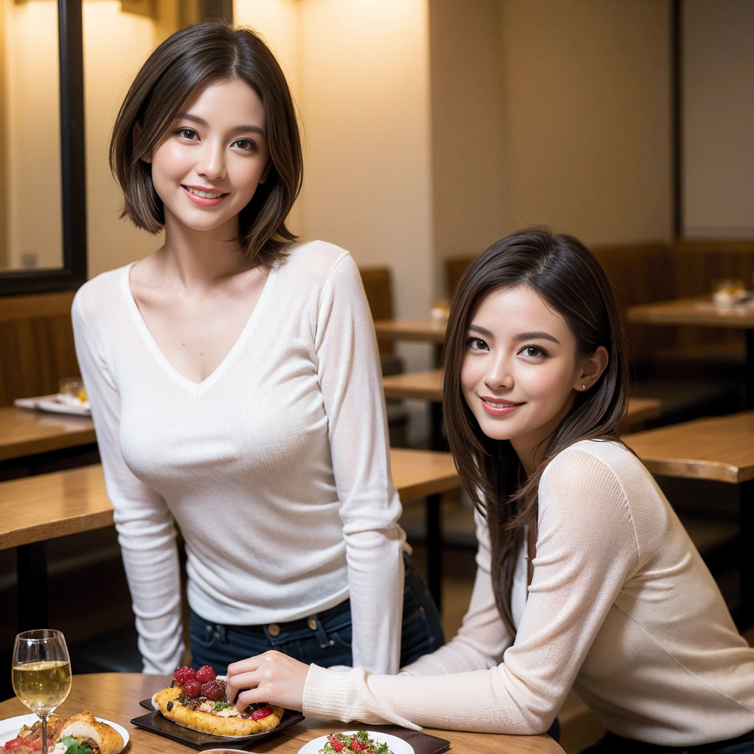 ((Highest quality、8K、masterpiece:1.3))、slimカップル、modelカップル、(Realistic, Intricate details:1.2), full-course dinner、Wine Party、Amazing view of the sunset sky and clouds、A bright smile、The wonderfulness of smile、Bright image、The beauty of wine, Beautiful Face, blue eyes, The light shines on your face, Blushing, short hair,Bright Face、 (Age 37), 39 years old, red wine 、Appetizers、Italian food、Wine bottle、Champagne、sparkling wine、Two beauties、Brown Hair、Shortcuts、Long sleeve shirt、dress、Beautiful woman 1, (slimな顔), (The body is slim), (Brown Hair), (Shortcuts), cheeks turn a little red,Attractive beauty、restaurant, In a prominent place (From the waist up) Nova Frog Style, actress, model, Upper Body, White wine, slim, wine glass, 中央に置かれたwine glass, smile, (smile: 1.15), Beautiful fine grain, Depth f/2,saturation, High Contrast, Strong light and shadow,Moist Body:1.5、3D texture、Delicate eyes、Brown Hair、The hair is very shiny、