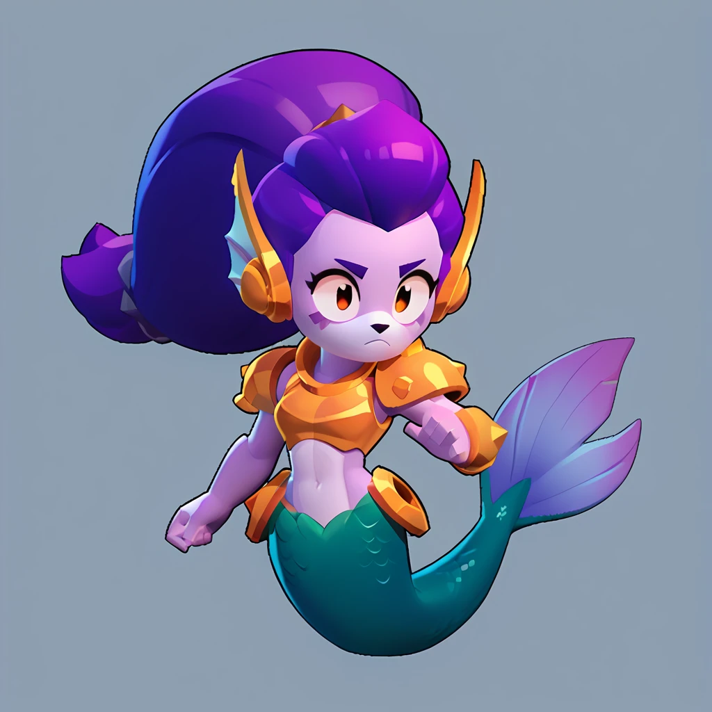 full body view of a furry mermaid, furry animal, female, long purple hair, red and white color, having steel shoulder pads, brawl, brawl stars