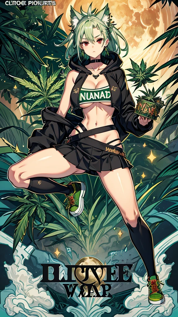 Croped, cleavage, slim waist, cropped hoodie underboob, cropped hoodieunderboobhoodie, 1 girl, 2 wolf ears, wolf tail, marijuana crop hoodie, crop shorts, marijuana hoodie, spiky hair, spiky fur, green hair, red eyes,marijuana field, tight clothes, perfect eyes, perfect hands, clear resolution, full body, cleavage skin, marijuana plants, open hoodie, marijuana field, black thigh high socks, full body, earrings, 1girl, skirt, cleavage, slim waist, cleavage, slim waist, hair pulled back, big breast, round butt, slim waist, best quality, thick thighs, D-cup breast, 4k quality, night time, full moon