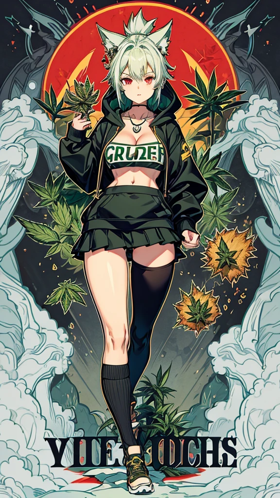 high-quality masterpiece, intricately designed sticker with cannabis leaf and joint motif, 2D comic style, vivid and saturated colors, realistically rendered texture on the cannabis leaves, attention-grabbing details on the joint, (Realism: 1.4), (Absurdity: 1.3), (Hyper-detailed: 1.5), Ultra-HD resolution, Comic book panel format, Solo presentation, Bright and contrasting colors, (Fun: 1.3)