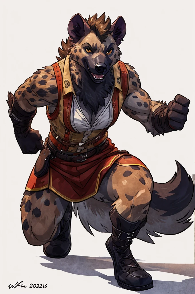 anthro ((female)) hyena, ((hyena)) 4k, high resolution, best quality, posted on e621, solo, anthro body, female, adult, correct anatomy, (white background), (by wfa:1), (by Taran Fiddler:0.5), young, (cel shaded, cartoony shading:1.2), black lineart, black outline, flat coloring, (strong shadows, dark shadows:1.2), dynamic pose, ((fullbody)), (8submissive))

