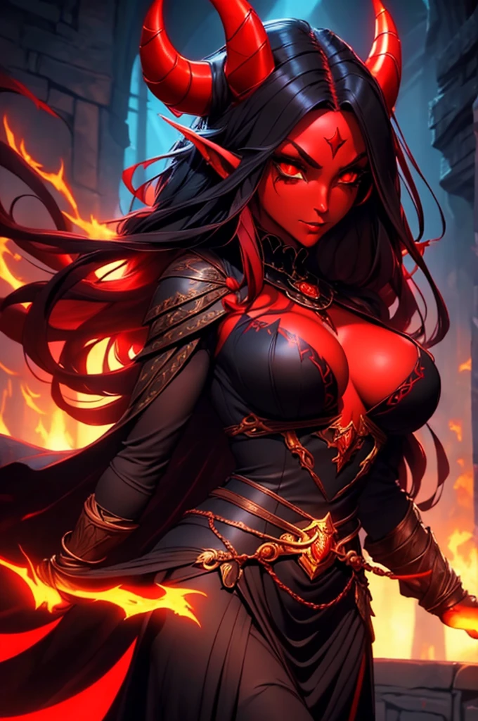 1girl, sexy tiefling, (red skin:1,5), (red black long floating hair), ((perfect demonic eyes)), pointed ears, (black horns:1,3), (huge breasts), (voluptous body), ((black priestess dress with cleavage)), black fingernails, ((dynamic pose)), volumetric lighting, best quality, masterpiece, realistic, anatomically correct, (strong cinematic lighting), ((rim lighting)), stunning details, intricate details, 8k post-production, High resolution, super details, trending on ArtStation, sharp focus, depth of field f/1.8, studio photos, (((looking at camera)))