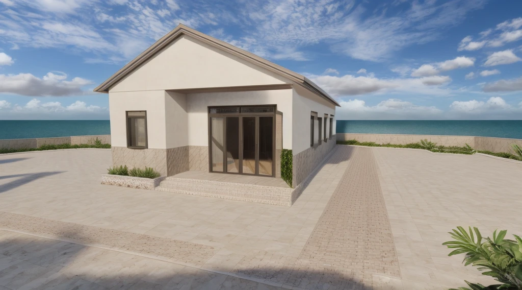 daylight, beautiful sky, soft lighting, high quality, best quality, authentic,detail, townhouse, tile wall, glass windows, ceiling, gate, fence, tropical trees, nice landscape,
