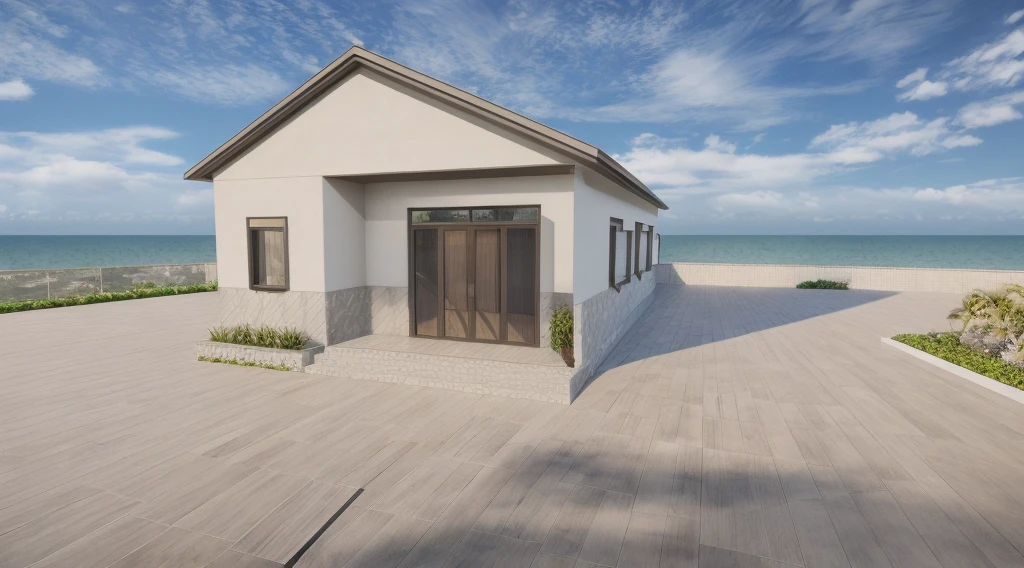 daylight, beautiful sky, soft lighting, high quality, best quality, authentic,detail, townhouse, tile wall, glass windows, ceiling, gate, fence, tropical trees, nice landscape,