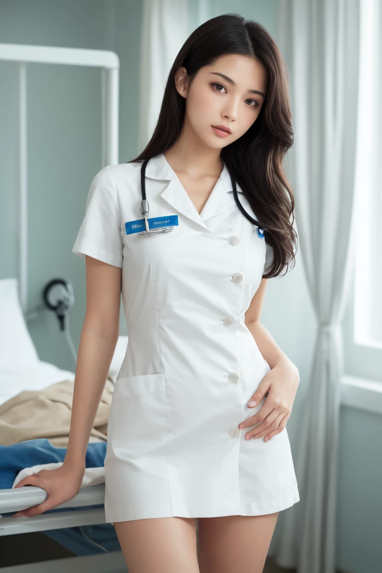 1 girl, (wearing white nurse uniform: 1.2), (RAW photo, best quality), (realistic, photorealistic: 1.4), masterpiece, very delicate and beautiful, very detailed, 2k wallpaper, amazing , fine, highly detailed CG Unity 8K wallpaper, highly detailed, high resolution, soft light, beautiful detailed girl, highly detailed eyes and face, beautifully detailed nose, finely beautiful eyes, nurse, perfect Anatomy, black hair, up-style, nurse uniform, miniskirt, nurse, white costume, thin, hospital, clear, white uniform, hospital room, skirt turned over, 20s, black hair, straight long hair