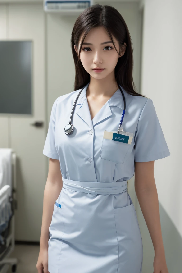 1 girl, (wearing white nurse uniform: 1.2), (RAW photo, best quality), (realistic, photorealistic: 1.4), masterpiece, very delicate and beautiful, very detailed, 2k wallpaper, amazing , fine, highly detailed CG Unity 8K wallpaper, highly detailed, high resolution, soft light, beautiful detailed girl, highly detailed eyes and face, beautifully detailed nose, finely beautiful eyes, nurse, perfect ???????, black hair, up-style, nurse uniform, miniskirt, nurse, white costume, thin, hospital, clear, white uniform, hospital room, skirt turned over, 20s, black hair, straight long hair