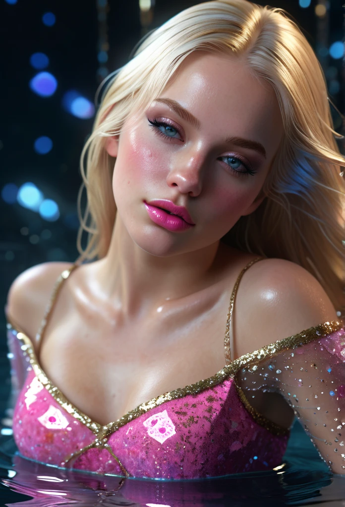 photography, high detail, realistic, masterpiece, HD best quality, perfect face.Artist Mary Jurgens, Starsnits90, Greg Rutkowski Cryengine, Ubisoft))Floating onto the surface. ((She turns around.)) Her body in a leaning back position. Her blonde long hair covered  tanznite glitter. Her big blues  and covered in pink crystal covered lips. Wearing a white satin dress with gold mesh layers