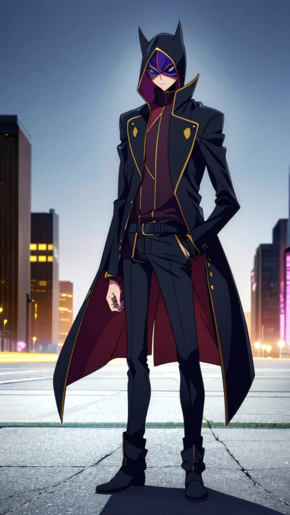 Male, teenager, vigilante, wearing dark clothes, a coat, and a mask, athletic build, hands in pockets, standing at attention, nighttime setting, lone figure, facing viewer, fully in frame, full body shot, Code Geass style, codeGeass, CODEGEASS