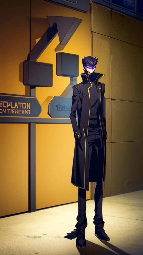Male, teenager, vigilante, wearing dark clothes, a coat, and a mask, athletic build, hands in pockets, standing at attention, nighttime setting, lone figure, facing viewer, fully in frame, full body shot, Code Geass style, codeGeass, CODEGEASS