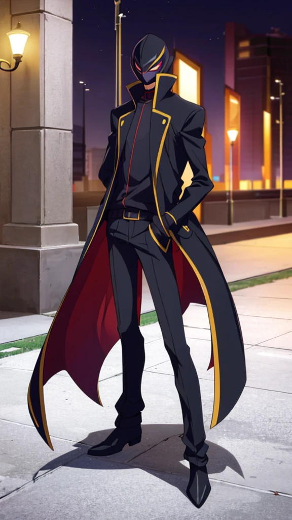 Male, teenager, vigilante, wearing dark clothes, a coat, and a mask, athletic build, hands in pockets, standing at attention, nighttime setting, lone figure, facing viewer, fully in frame, full body shot, Code Geass style, codeGeass, CODEGEASS