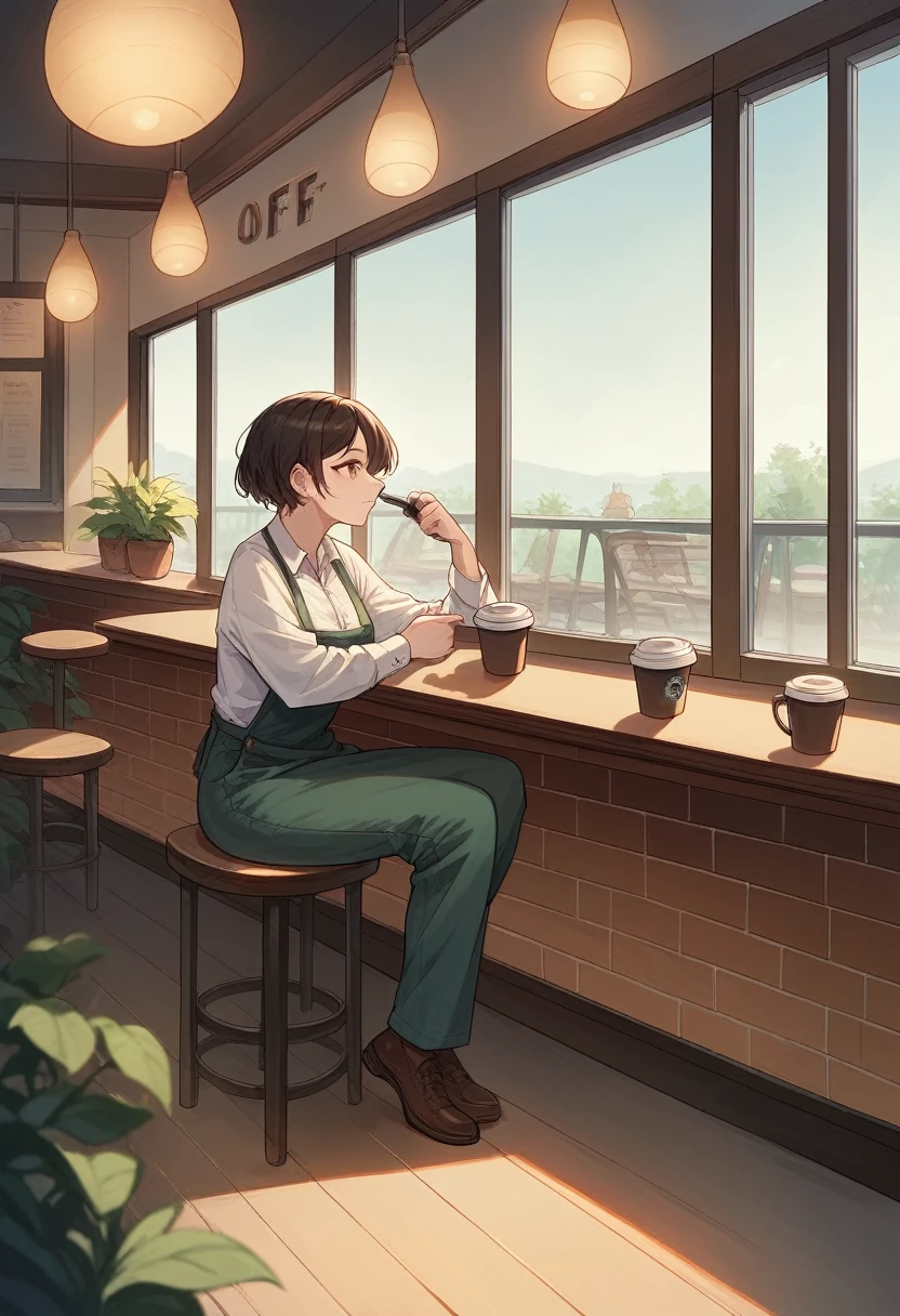 cinematic frontal shot coffee shop interior, tables with coffee cups and a big window in the center