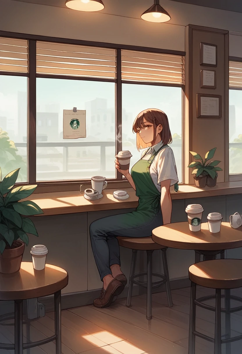 cinematic frontal shot coffee shop interior, tables with coffee cups and a big window in the center