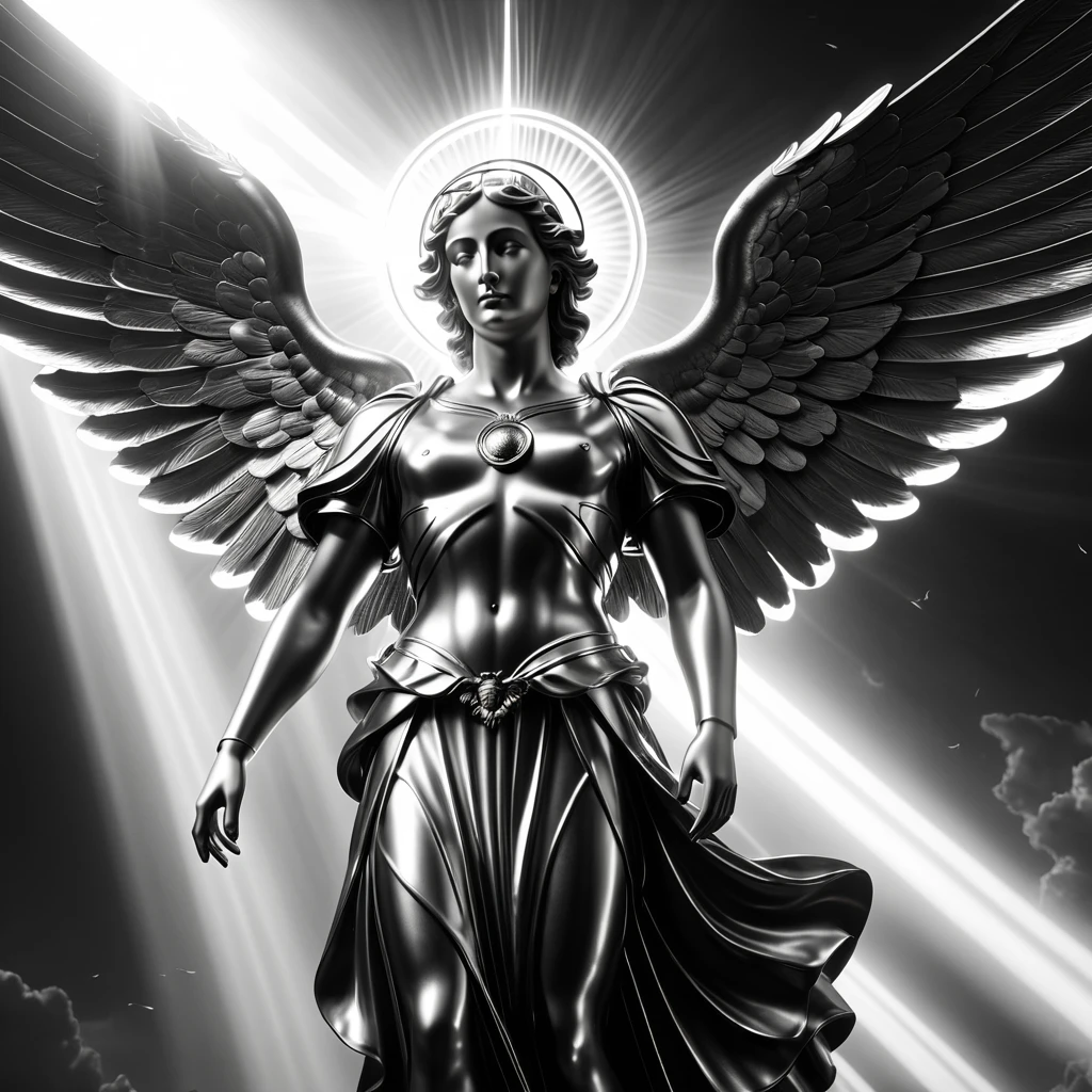 archangel, religious, surrealistic, thinking, Surrealism, Social realism, cinematic lighting, god rays, ray tracing, blending, multiple monochrome, masterpiece, high details, award winning, 8k, highres, best quality