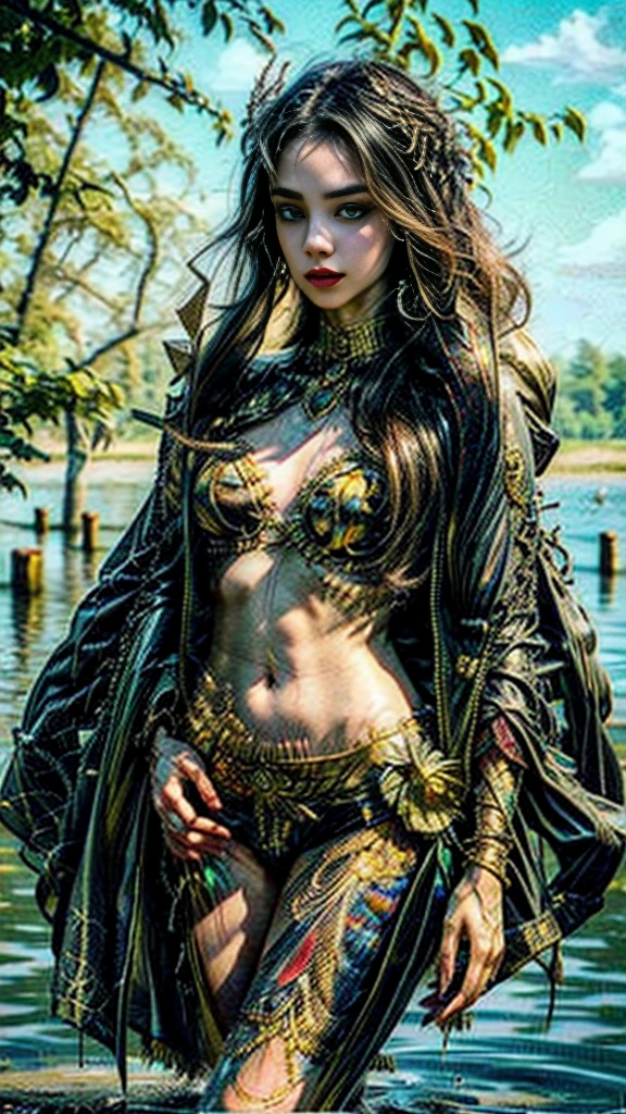 imagine a uhd/hd, highly detailed, full body photorealistic image of a stunningly beautiful succubus. She is levitating in Superman pose on top of a glowing stone in a beautiful lake full with beautiful Lotus, goldfishes and turquoise_blue_water. Her face is drawn extremely detailed with all her facial features symmetrical. Her eyes and pouting lips are intricately drawn full of seductive expression. She has intricately carved horn and a long tail, both decorated with golden embroidery and glowing stones. She has colourful glowing tattoos on her belly. She has a deep sexy navel.Her skin is drawn ultra realistic with lot of detail like a closeup photo. Her hair is very long and shiny, adorned with intricate jewellery. Her feets are decorated with beautiful colourful tattoos.