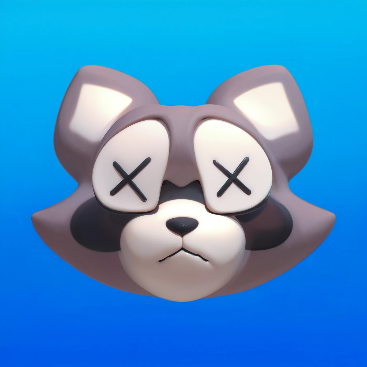 This image features a cute and cartoonish raccoon face set against a gradient blue background. The raccoon's face is characterized by its large, expressive purple eyes and a friendly, smiling expression. The fur is predominantly gray with white accents on the ears, around the eyes, and on the muzzle. The raccoon also has the distinctive black "mask" around its eyes, adding to its recognizable and charming look. The overall design is playful and appealing, evoking a sense of fun and whimsy.