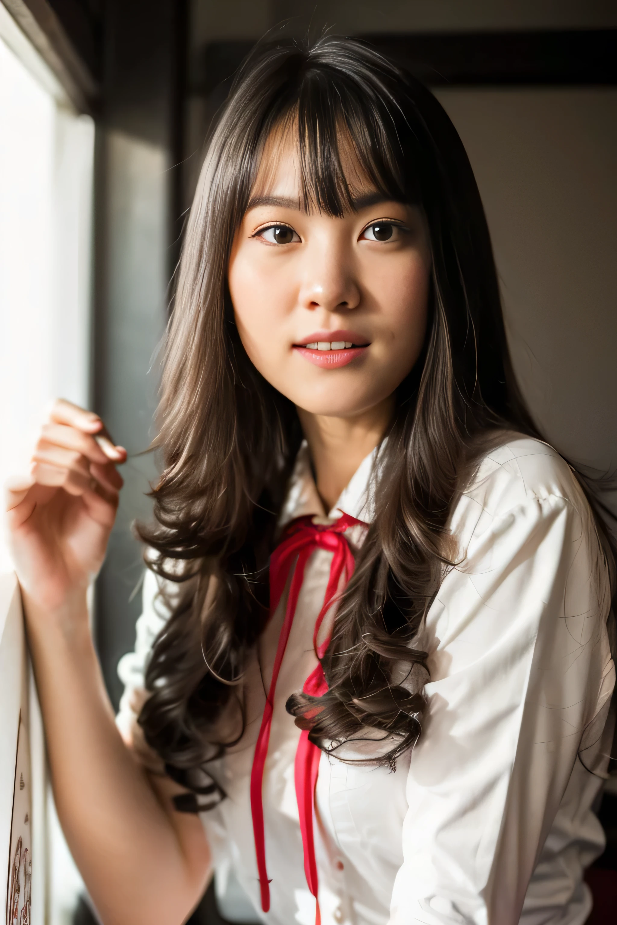 arafed asian woman in white shirt and red tie posing for a picture, a picture by Torii Kiyomoto, tumblr, shin hanga, kimi takemura, portrait of a japanese teen, sui ishida with black hair, young pretty gravure idol, young gravure idol, japanese model, japanese girl , wearing japanese 