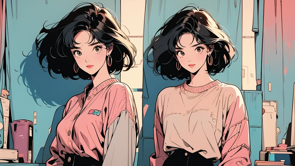 whole body, Upper Body, Have iPhone , Messy room, Apartments, 1 Girl, 4K, Warm colors , short hair , skirt, blouse、Faint lighting、Detailed Hair、Perfect Face、80s fashion、Retro Color、Highest quality、Detailed Background、Complex background、Sunset
