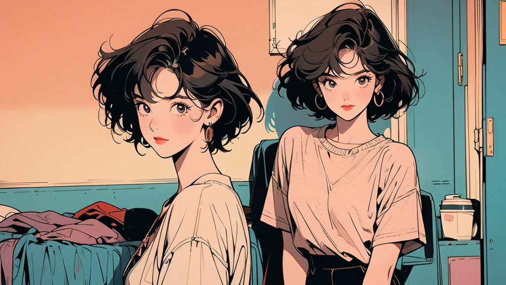 whole body, Upper Body, Have iPhone , Messy room, Apartments, 1 Girl, 4K, Warm colors , short hair , skirt, blouse、Faint lighting、Detailed Hair、Perfect Face、80s fashion、Retro Color、Highest quality、Detailed Background、Complex background、Sunset