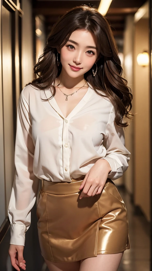 ((Kumiko Goto:1.3))Beautifully detailed face、Pale skin、Realistic glowing skin、Detailed cloth texture、Detailed hair texture、Perfect body、Beautiful Face、correct、Anatomically correct、 Highly detailed face and skin texture、Natural neck length、(Beautiful Hands)、(Fair skin:1.2)、Thin legs、Thin legs、 break 細かい目元、Symmetrical eyes、Light brown eyes、double eyelid、Thin eyebrows、(Glossy Lips:1.4)、((A kind smile:1.2))、(blush:1.1)、 break (Elegant and pretty girl:1.3)、Medium-sized large breasts、(Slim figure:1.1)、Toned Abs、Beautiful clavicle、 (Dark Blonde、Wavy Hair、Long Hair:1.2)、(Cowboy Shot:1.2)、A shy smile、Full figured supermodel standing, Full body in frame、Standing Elegantly,Silver Necklace_Big earrings、white long sleeve button up blouse_brown pleated mini skirt、The most natural and perfect office hallway、perfectly organized hallway