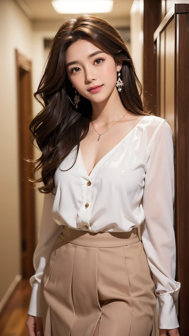 ((Kumiko Goto:1.3))Beautifully detailed face、Pale skin、Realistic glowing skin、Detailed cloth texture、Detailed hair texture、Perfect body、Beautiful Face、correct、Anatomically correct、 Highly detailed face and skin texture、Natural neck length、(Beautiful Hands)、(Fair skin:1.2)、Thin legs、Thin legs、 break 細かい目元、Symmetrical eyes、Light brown eyes、double eyelid、Thin eyebrows、(Glossy Lips:1.4)、((A kind smile:1.2))、(blush:1.1)、 break (Elegant and pretty girl:1.3)、Medium-sized large breasts、(Slim figure:1.1)、Toned Abs、Beautiful clavicle、 (Dark Blonde、Wavy Hair、Long Hair:1.2)、(Cowboy Shot:1.2)、A shy smile、Full figured supermodel standing, Full body in frame、Standing Elegantly,Silver Necklace_Big earrings、white long sleeve button up blouse_brown pleated mini skirt、The most natural and perfect office hallway、perfectly organized hallway