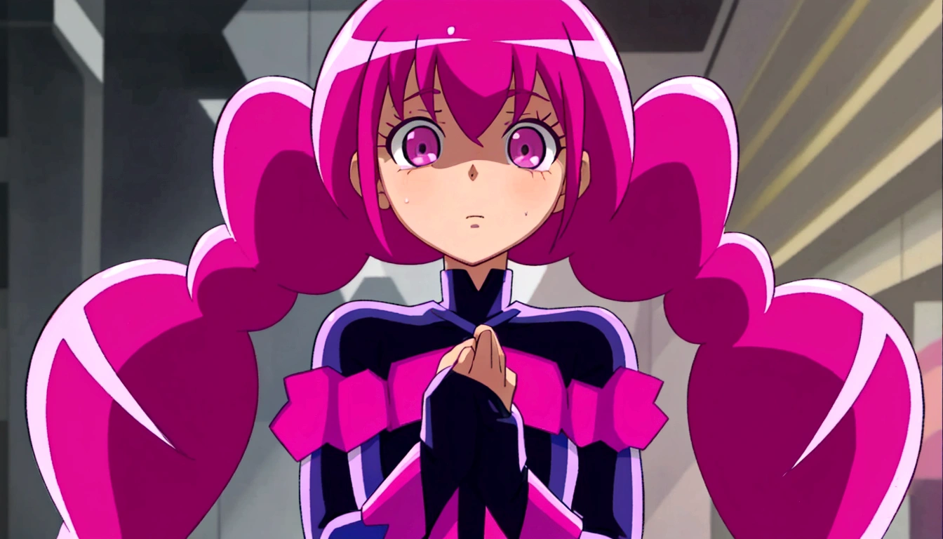 a close up of a person with pink hair and a purple outfit, anime girl named lucy, humanoid pink female squid girl, pink iconic character, shining pink armor, juri misaki, pink twintail hair and cyan eyes, misato katsuragi, black magician girl, streamlined pink armor, with pink hair