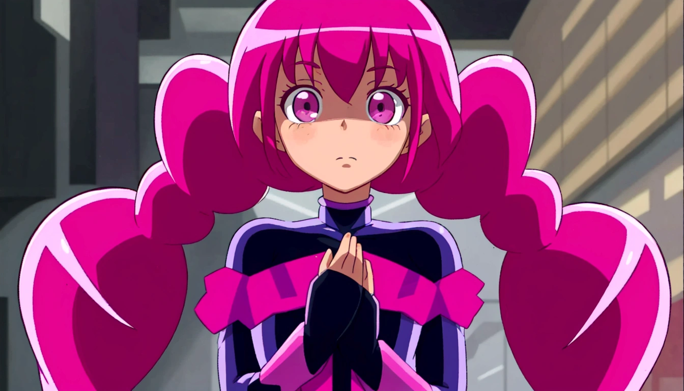 a close up of a person with pink hair and a purple outfit, anime girl named lucy, humanoid pink female squid girl, pink iconic character, shining pink armor, juri misaki, pink twintail hair and cyan eyes, misato katsuragi, black magician girl, streamlined pink armor, with pink hair