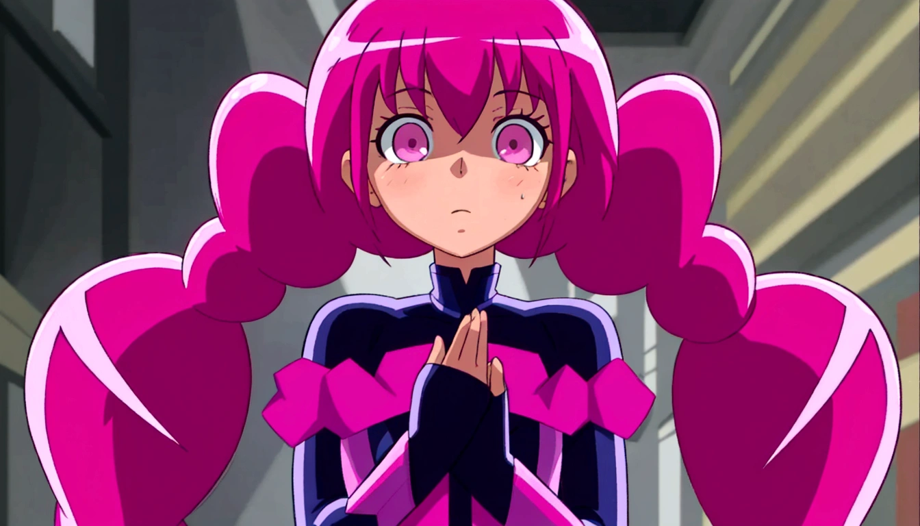 a close up of a person with pink hair and a purple outfit, anime girl named lucy, humanoid pink female squid girl, pink iconic character, shining pink armor, juri misaki, pink twintail hair and cyan eyes, misato katsuragi, black magician girl, streamlined pink armor, with pink hair