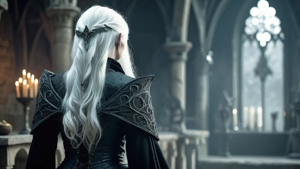 back view of a white-haired old witch wearing a dark, medieval-inspired outfit. The scene should evoke a sense of dark medieval fantasy, with intricate details such as the witch's flowing white hair contrasting against her ominous attire. Surround the witch with an atmospheric setting that hints at a mysterious and foreboding environment, typical of a medieval fantasy world