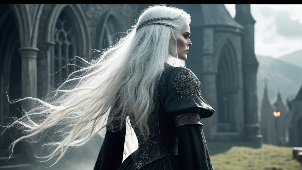 back view of a white-haired old witch wearing a dark, medieval-inspired outfit. The scene should evoke a sense of dark medieval fantasy, with intricate details such as the witch's flowing white hair contrasting against her ominous attire. Surround the witch with an atmospheric setting that hints at a mysterious and foreboding environment, typical of a medieval fantasy world