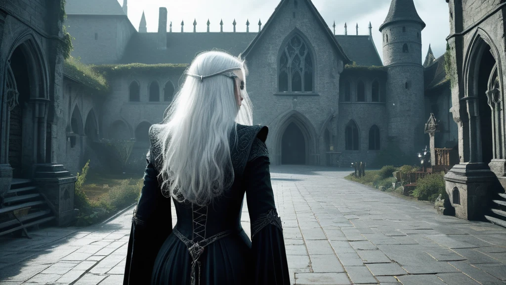 back view of a white-haired old witch wearing a dark, medieval-inspired outfit. The scene should evoke a sense of dark medieval fantasy, with intricate details such as the witch's flowing white hair contrasting against her ominous attire. Surround the witch with an atmospheric setting that hints at a mysterious and foreboding environment, typical of a medieval fantasy world