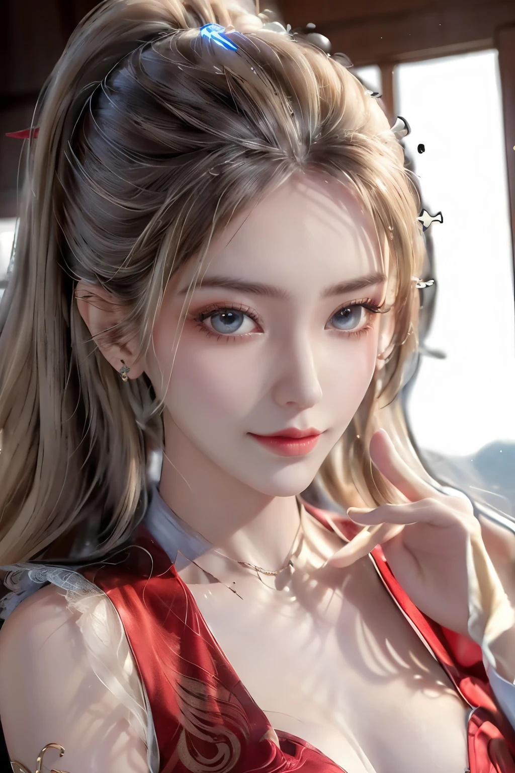 raw image, Chinese palace scenery, realistic, best shadow, realistically, dark light, Full show, Full body view of the girl, high resolutionเป็นพิเศษ, Detailed nipple pattern, photo-realistic, Masterpiece, Very detailed eyes and face, big breast, small waist, Body details, European face, finger details, high detail clothing, Highest quality, ((high resolution)), 1 woman, ((beautiful girl)), alone, decorations, Bangle, ((Blonde Hair)), ((Slender face)), ((high ponytail)), ((red eyes)), decorationsที่ผมสีเงิน, dark brown eyeliner, put on makeup, red lips, ((Hanfu)), ((big breasts)), red cloth, Gold Embroidery, black embroidered gold, dragon pattern, Gold Earrings, Hair pins, Show your nipples, seductive pose, beautiful girlกับรายละเอียดที่สวยงาม,