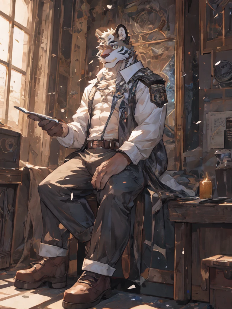 {{bara extremely handsome white tiger,}} {{white fur,}} white, wearing military like purple trench coat, purple trousers, white dress shirt and necktie, white fluffy furry body and limbs, loafers, very tall, very broad shoulders, narrow waist, muscular arms, massive pecs, purple eyes, very long legs, sitting on swivel chair with legs spread, perspective, massive bulge, reading file, sophisticated hot look, sexy pose, full body, sunlight casting over, 3/4 view, best quality, high quality, silver earring on left ear, sultry smirk