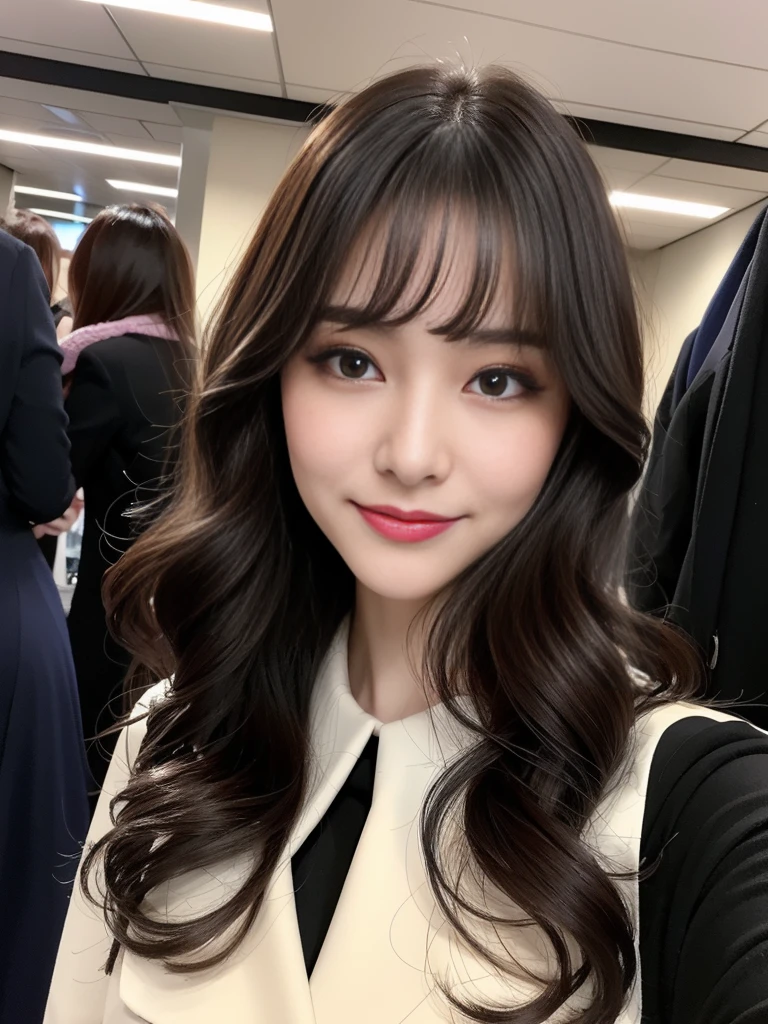 (masterpiece:1.3), high resolution, ultra detailed, extremely detailed CG unity 8k wallpaper, realistic, photo-realistic, RAW photo, beautiful detailed face, pale skin, realistic skin, detailed cloth texture, detailed hair texture, Perfect proportion, Beautiful Face, accurate, Anatomically correct, Highly detailed face and skin texture, natural neck length, (beautiful hands), (fair skin:1.2), Thin legs, Thin feet, Sexy thighs,
BREAK,
Detailed eyes, symmetrical eyes, Light Brown eyes, Double eyelids, Thin eyebrows, (Glossy lips:1.4), (Goddess smile:1.2),
BREAK,
(A Classy and Cute girl:1.3), (Wearing a Elegant flight attendant uniform of Japan Air Line:1.2), (Wearing a Light pink neck knot scarf), (Close the Button:1.1)
(medium large breasts), (slender figure), (Beautiful curves),
(updo hairstyle, Dark brown hair, wavy hair), ((short hair, asymmetrical bangs:1.2)), (Upper body shot:1.2), (looking at viewer:1.2), From front,
BREAK,
(Standing in the wide passage of first-class with Graceful escort pose:1.3)), (Inside the private Airplane: 1.2),