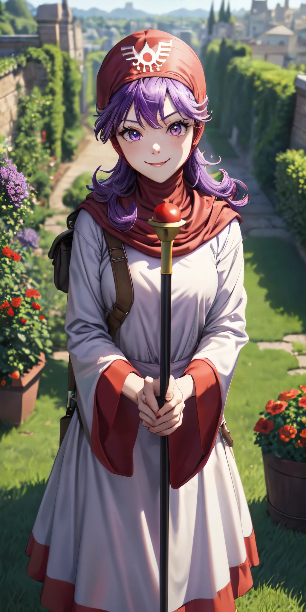 masterpiece, best quality, 4k, 8k, dqPom, red hood, purple hair, robe, upper body, standing, holding staff, sky, garden, looking at viewer, from above, smile