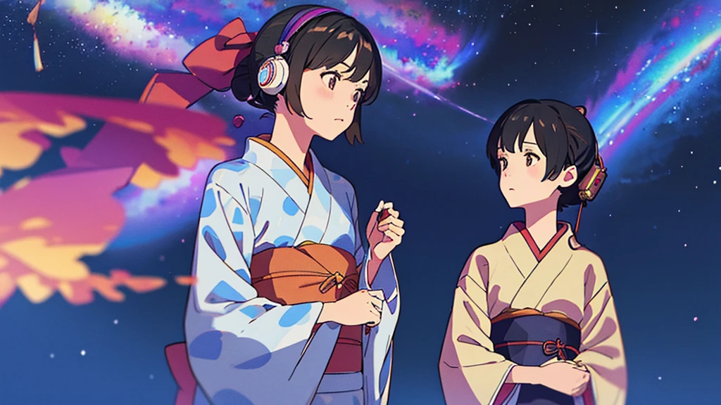 ((Highest quality、High resolution))、Tanabata、Gazing at the Milky Way sky、A woman wearing a yukata、20-year-old、cute、Headphones