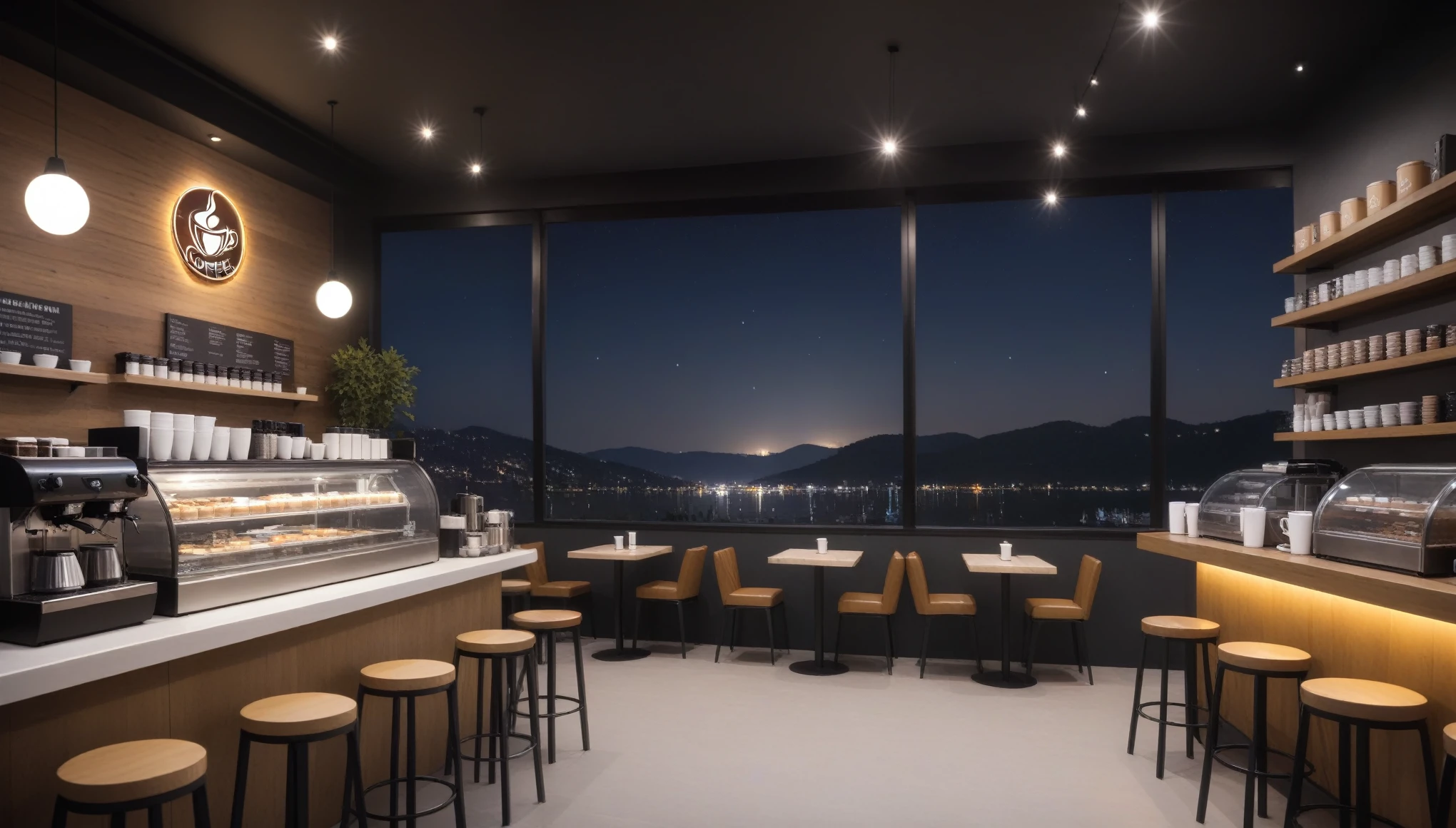 At night frontal shot coffee shop interior, tables with coffee cups and a big window in the center