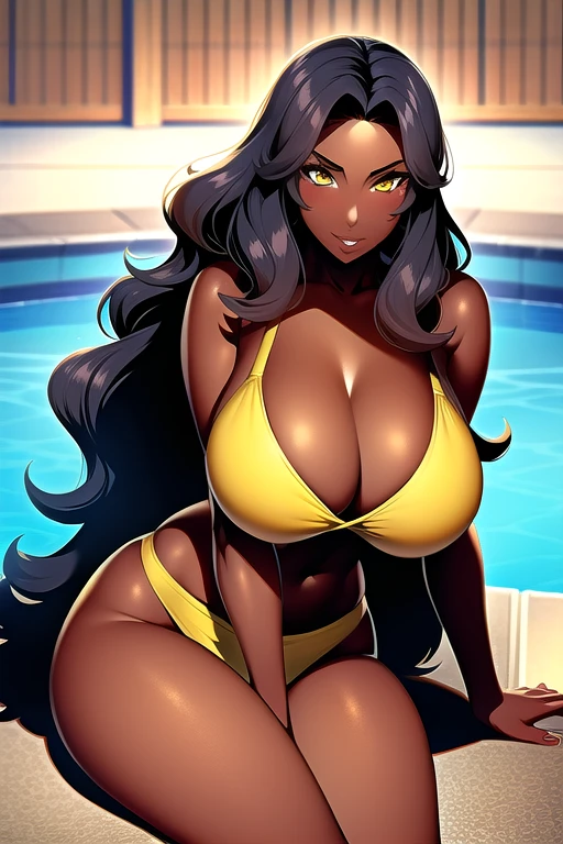 1girl, solo, mature female, older, huge breasts, milf, motherly, Accurate describe shapes, beautiful face, expressive eyes, collarbone, lips, wavy hair, long hair, black hair, yellow eyes, very dark skin:1.2, strapless, tube top, yellow bikini, solo, looking at viewer, sitting, outdoors, swimming pool, scenery, dramatic lighting, seductive smile
